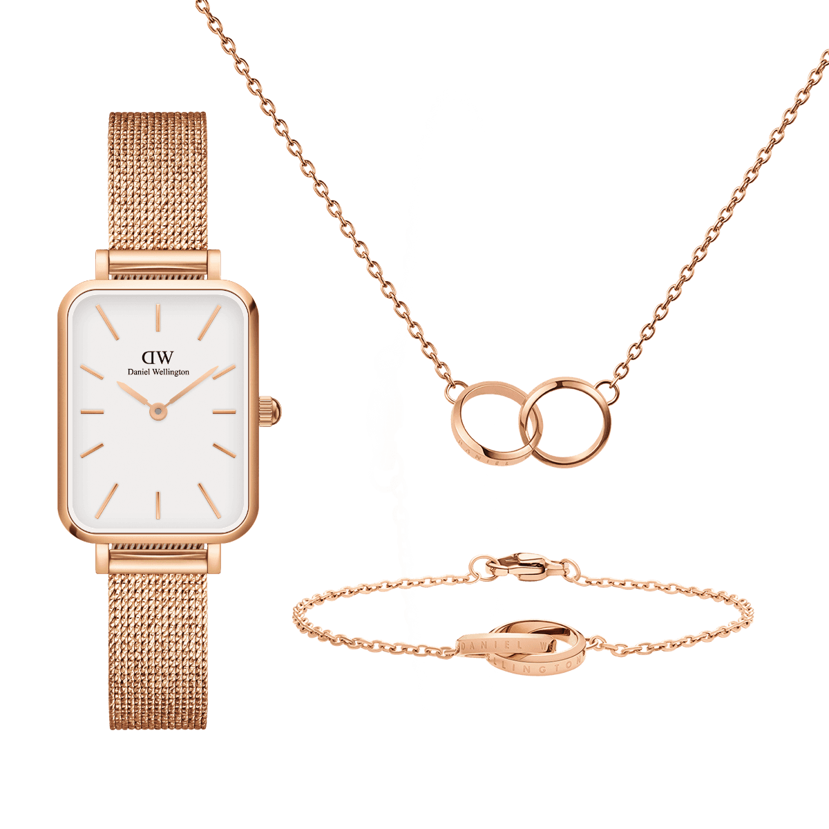 Daniel Wellington DW Quadro Pressed Melrose + Unity Bracelet + Unity Bracelet 20x26mm Roségull
